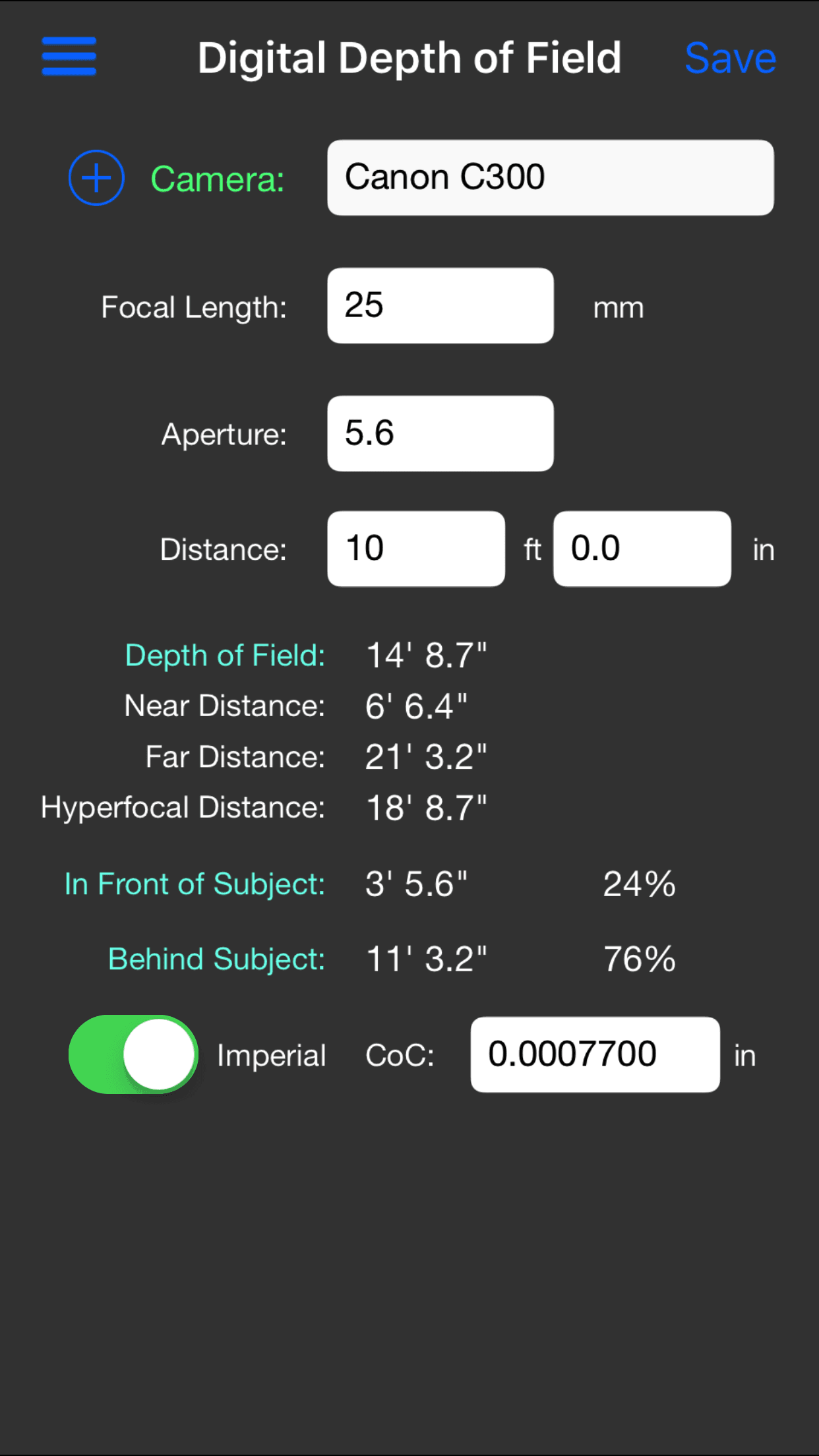 Digital DoF on iPhone calculating depth of field for a Canon C300 with a 25 mm lens at f/5.6
